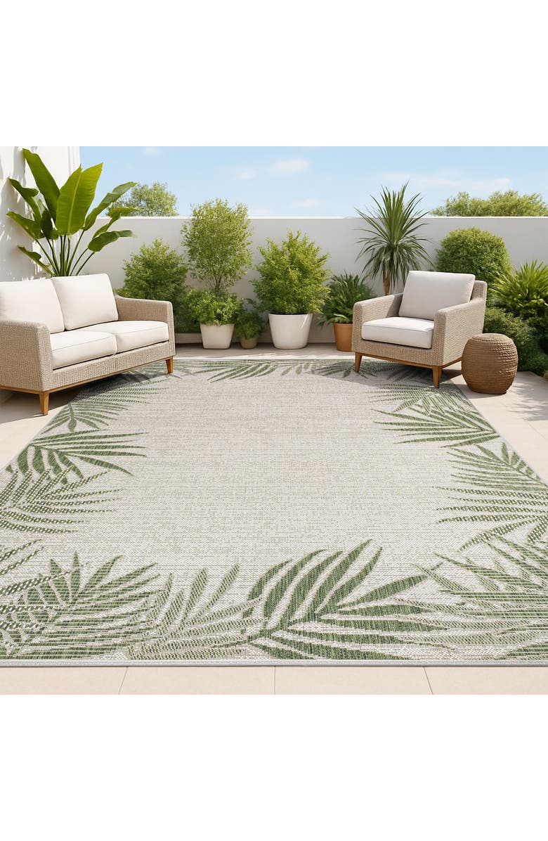 JONATHAN Y Isla Coastal Cottage Palm Frond Border Indoor/Outdoor Area Rug, Alternate, color, Green/Cream