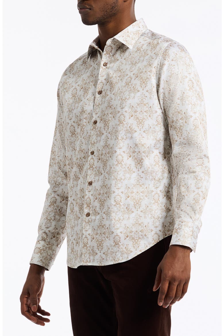Delancey Damask Print Stretch Cotton Button-Up Shirt, Alternate, color, KHAKI