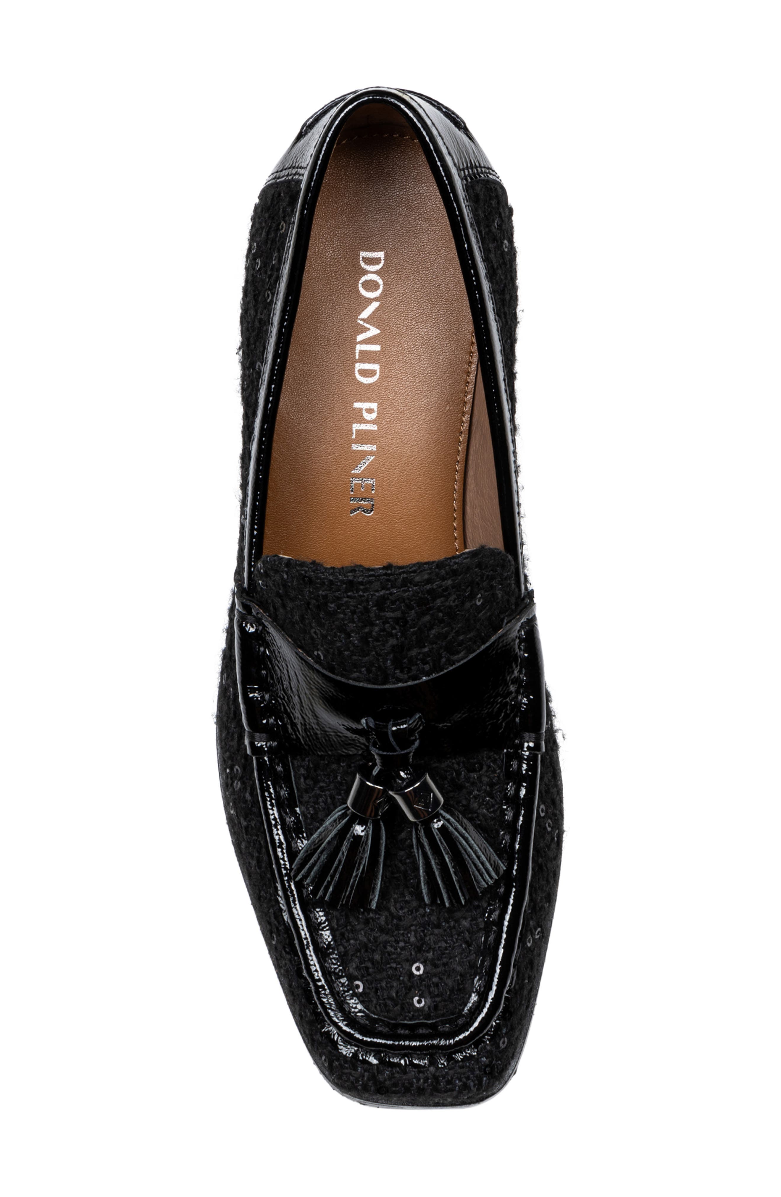 Donald Pliner Tailored Heel Bouclé Loafer, Alternate, color, Black Sequin