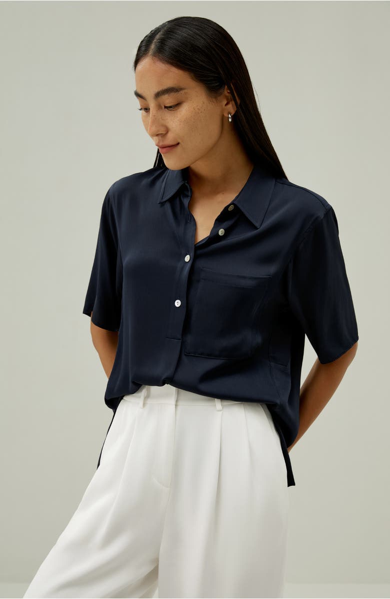 Lilysilk Women's Half-Placket Short Sleeve Button Up Streachy Silk Shirt, Alternate, color, Midnight Blue