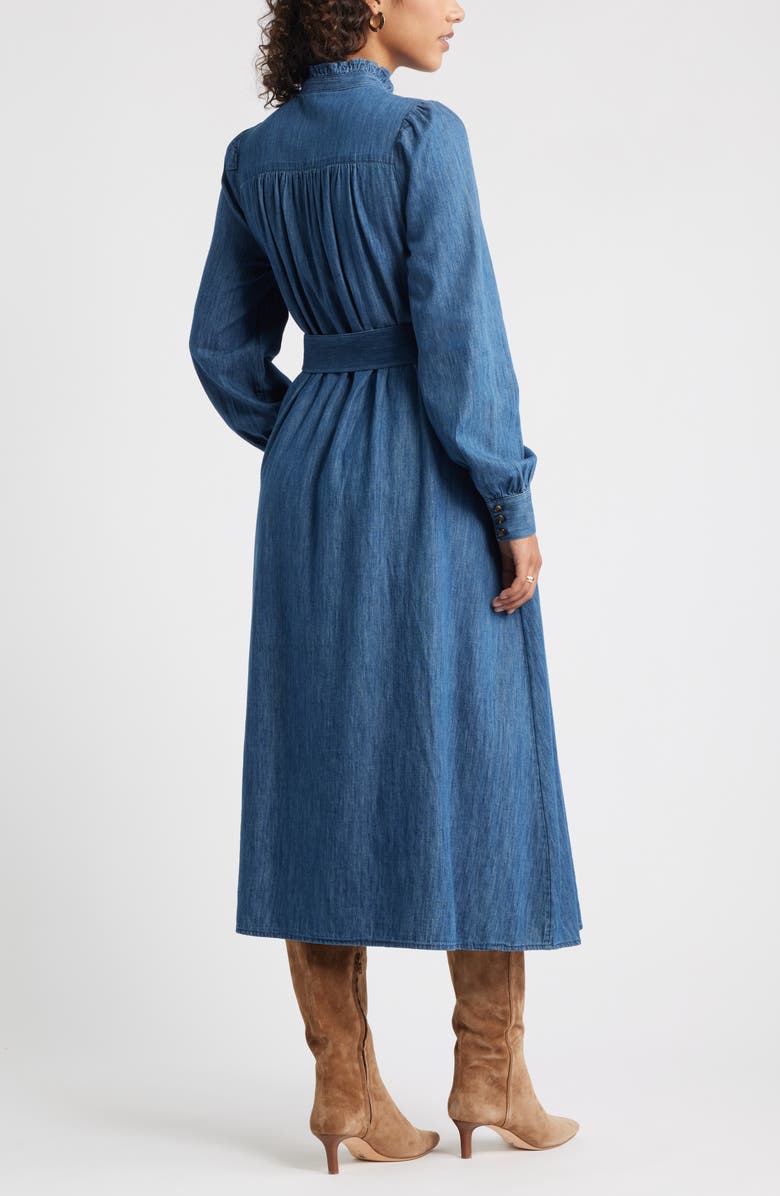 Caslon<sup>®</sup> Belted Ruffle Long Sleeve Denim Shirtdress, Alternate, color, Dark Wash