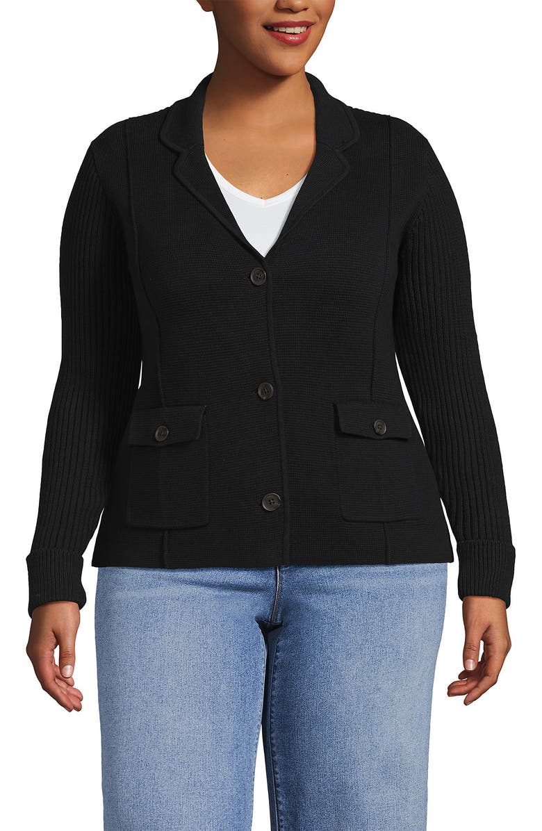 Lands' End Plus Size Drifter Ribbed Collared Blazer Sweater, Main, color, Black
