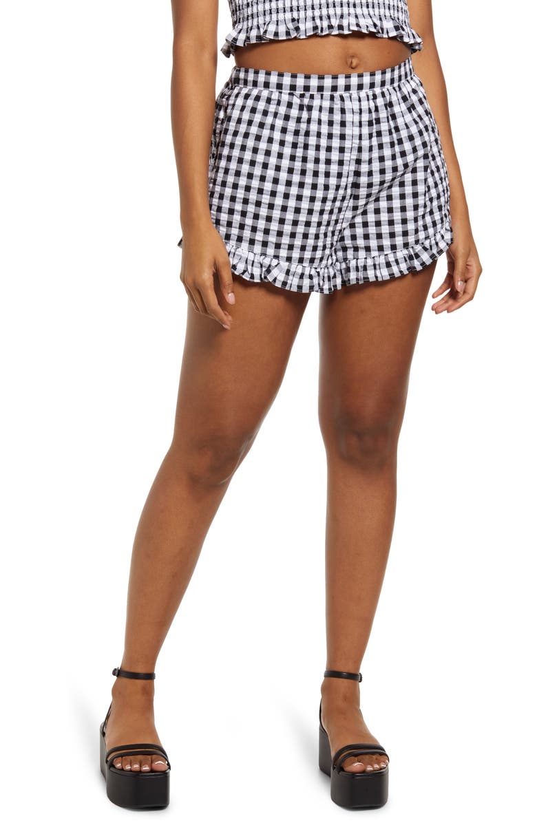 BP. Ruffle Trim Gingham Cotton Shorts, Main, color, 