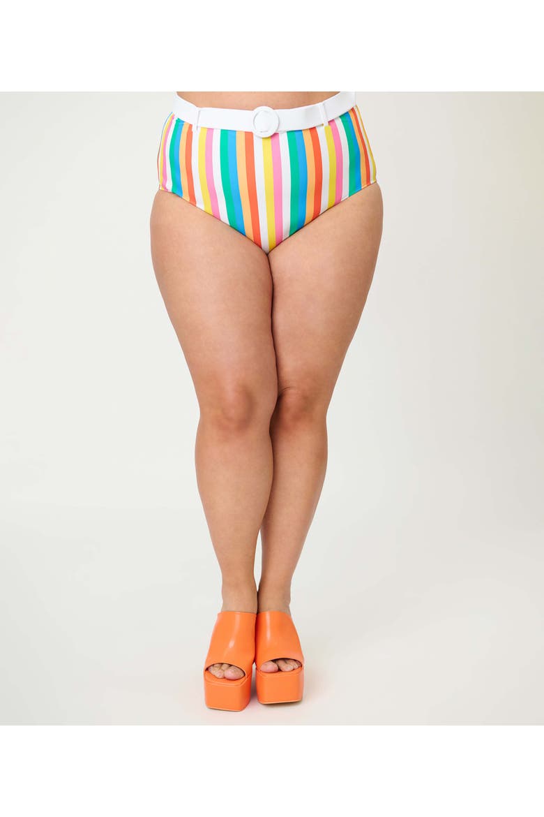 Plus Size High Waisted Belted Redondo Swim Bottoms, Alternate, color, Blue Rainbow Stripe