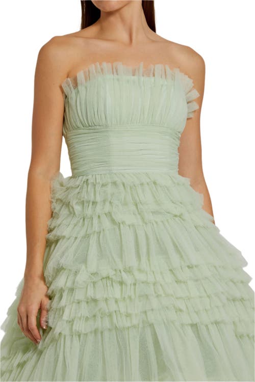 Mac Duggal Strapless Tulle Ruffle Gown In Sage