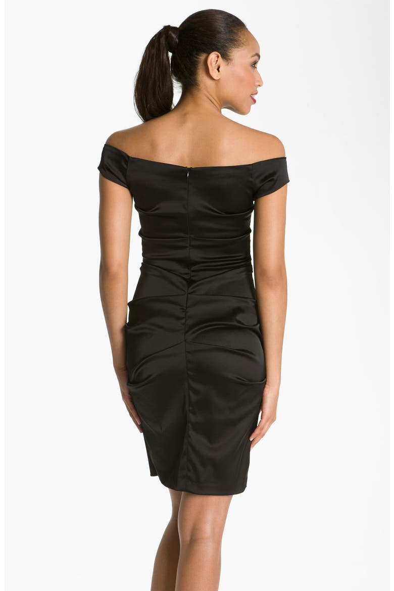 Off Shoulder Stretch Satin Sheath Dress, Alternate, color, BLACK