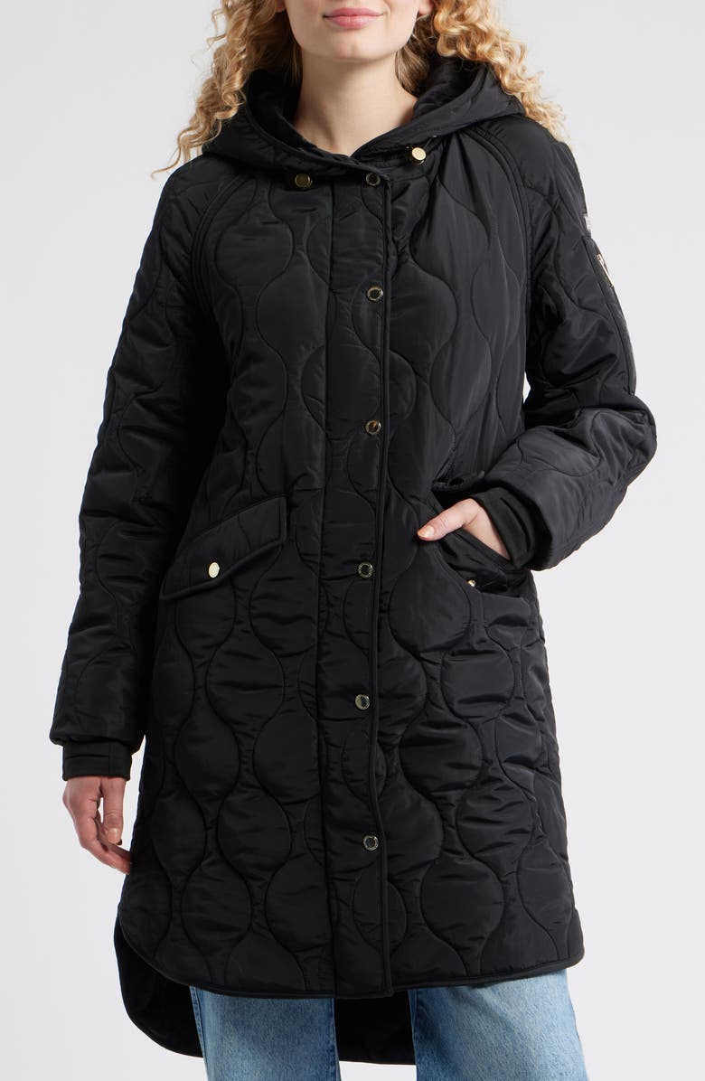 BCBG Onion Quilted Hooded Long Coat, Alternate, color, Black