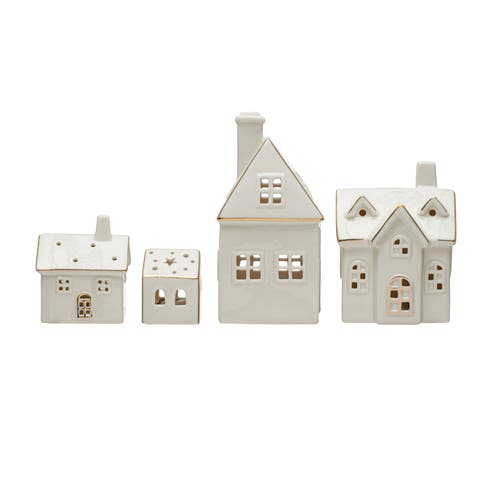 Stoneware Village with LED Lights and Electroplating, White, Set of 4