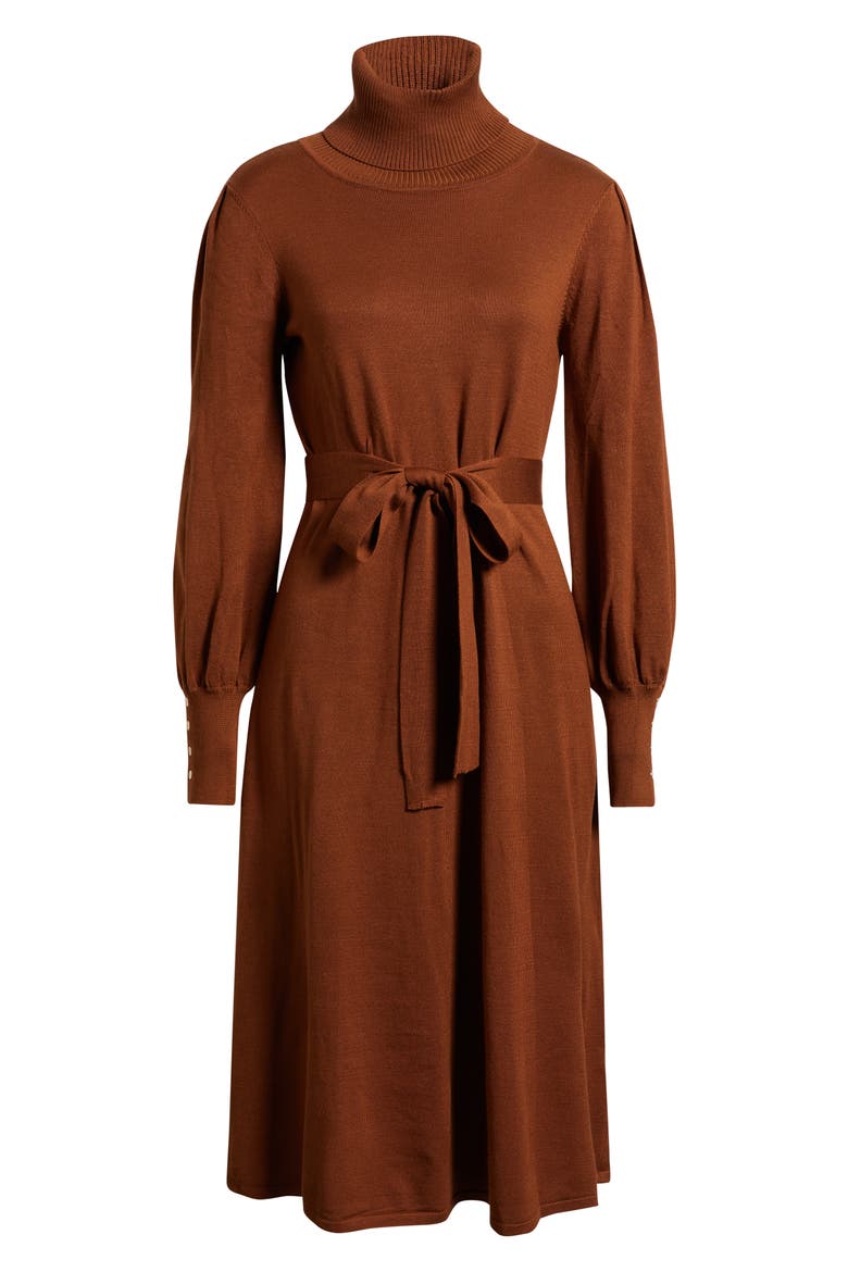 Turtleneck Long Sleeve Midi Dress, Alternate, color, BROWN