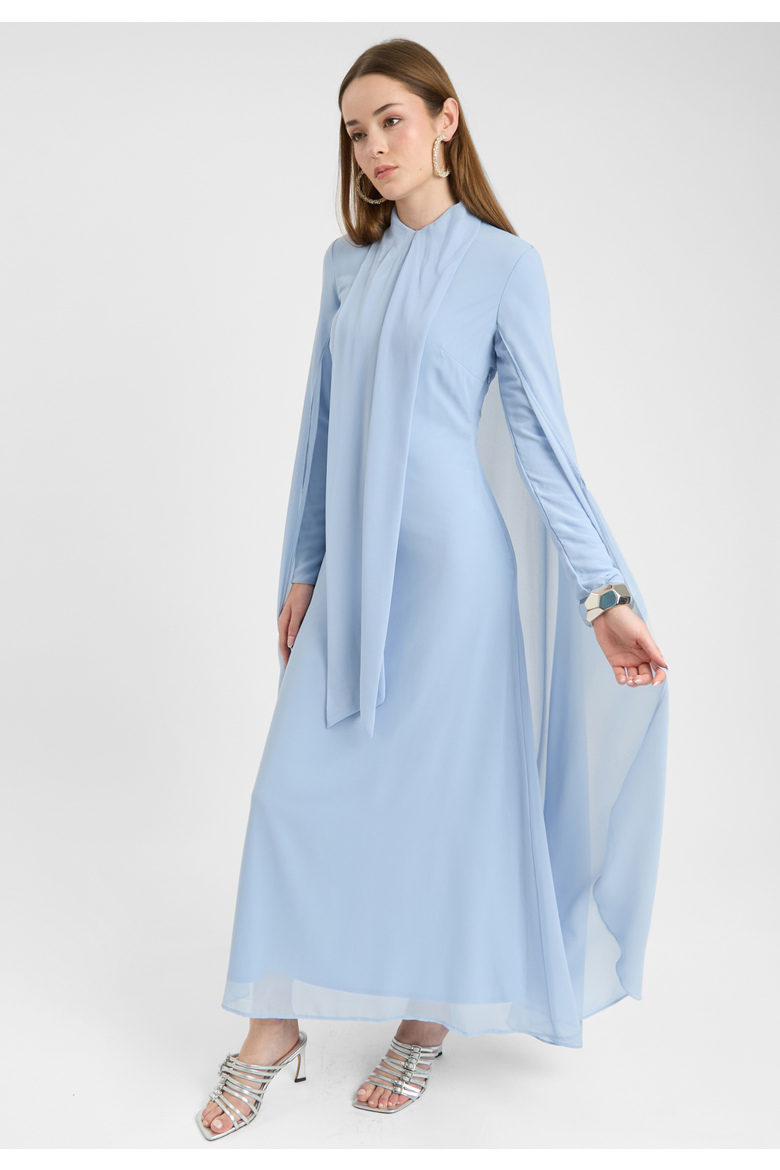 Modest Chiffon Dress Maxi With Cape Style, Alternate, color, BLUE