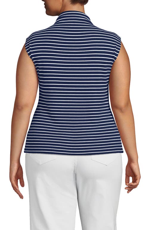 Lands' End Cap Sleeve Drapey Rib Fitted Funnel Neck Tank In Deep Sea Navy/ivory Stripe