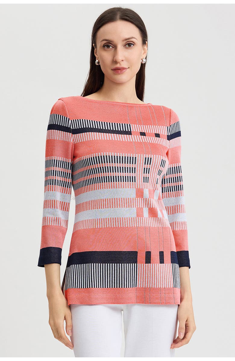 Ming Wang Classic Jacquard Colorblock Soft Knit Tunic, Alternate, color, Sunkist Coral/White/Indigo