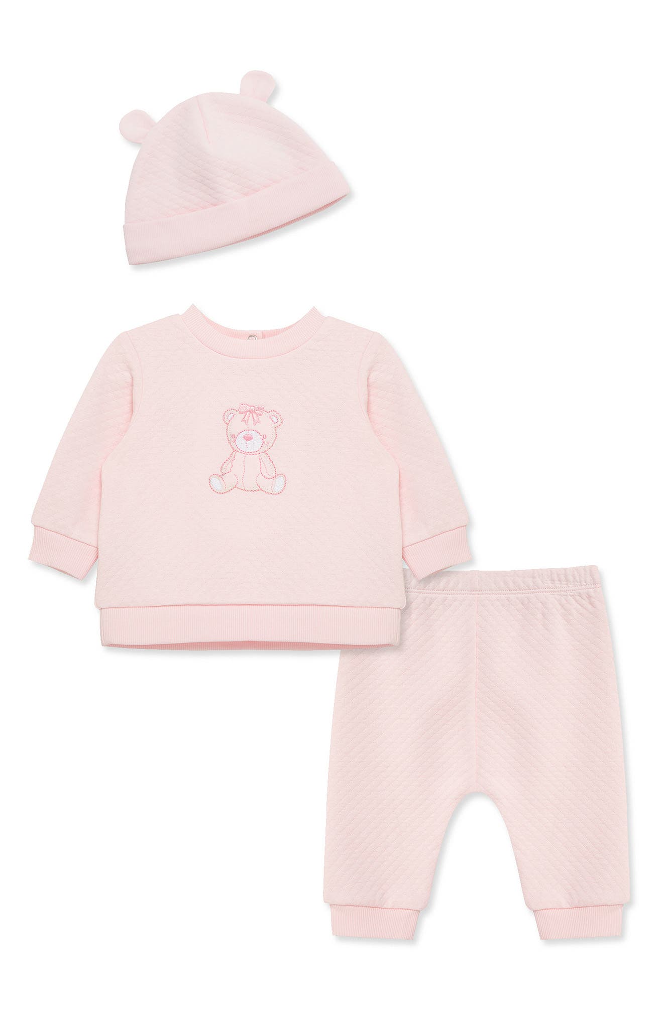 Little Me Bear Quilt Sweatshirt, Pants & Hat Set
