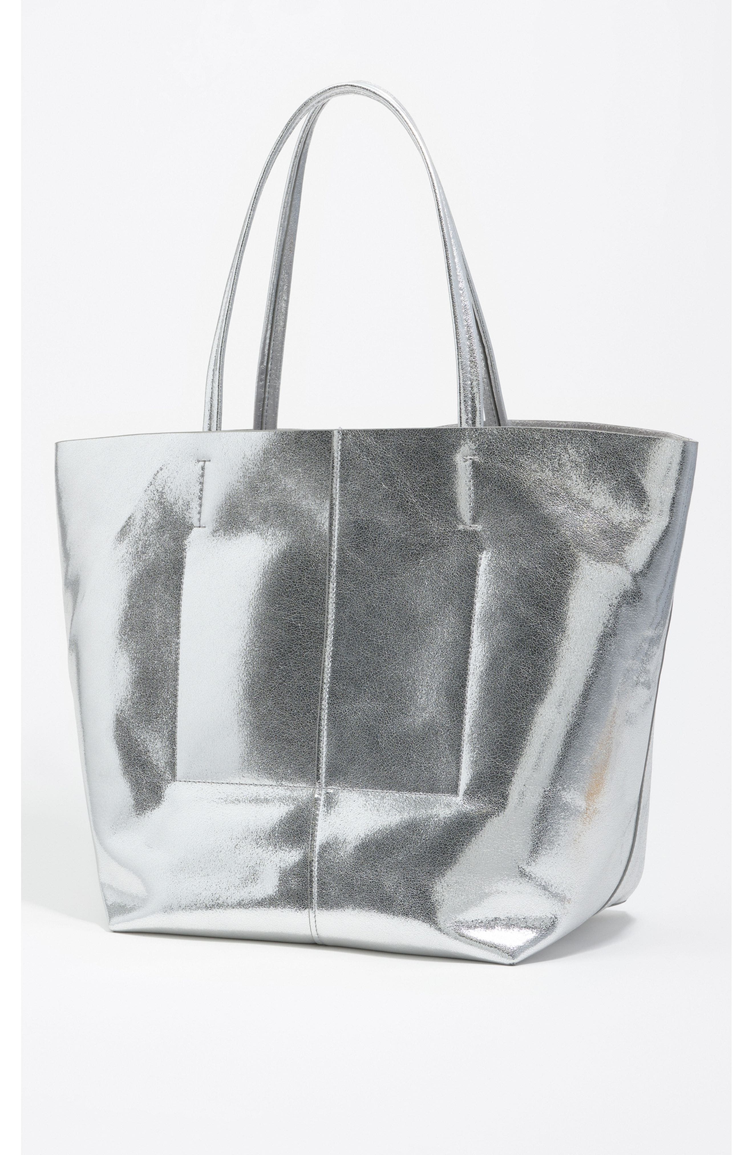 Bimba y Lola Large Leather Shopper Bag, Alternate, color, Silver