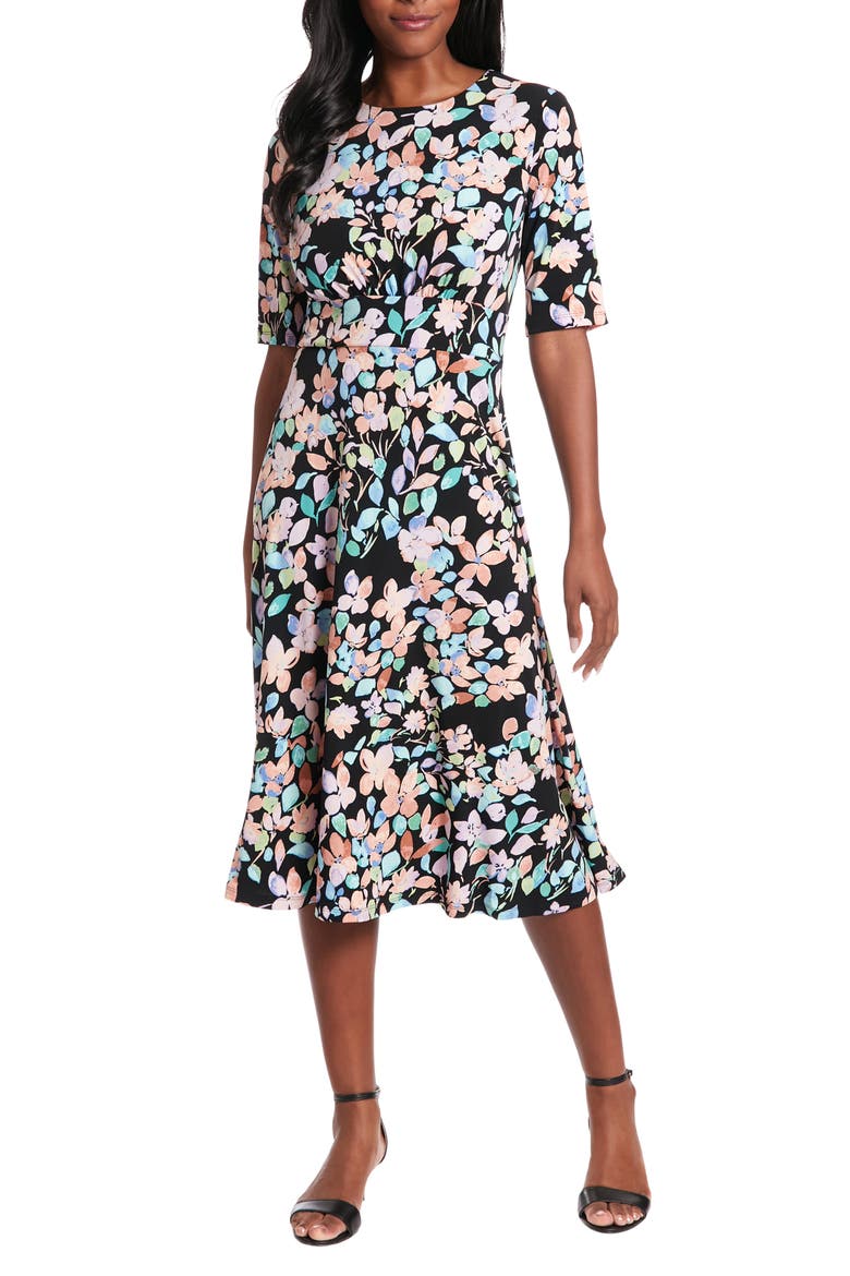 Floral Inset Waist Fit & Flare Midi Dress, Main, color, BLACK/ LILAC