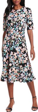 London Times Floral Inset Waist Fit & Flare Midi Dress