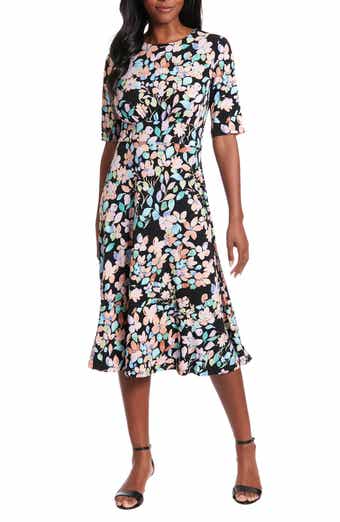London Times Floral Inset Waist Fit & Flare Midi Dress