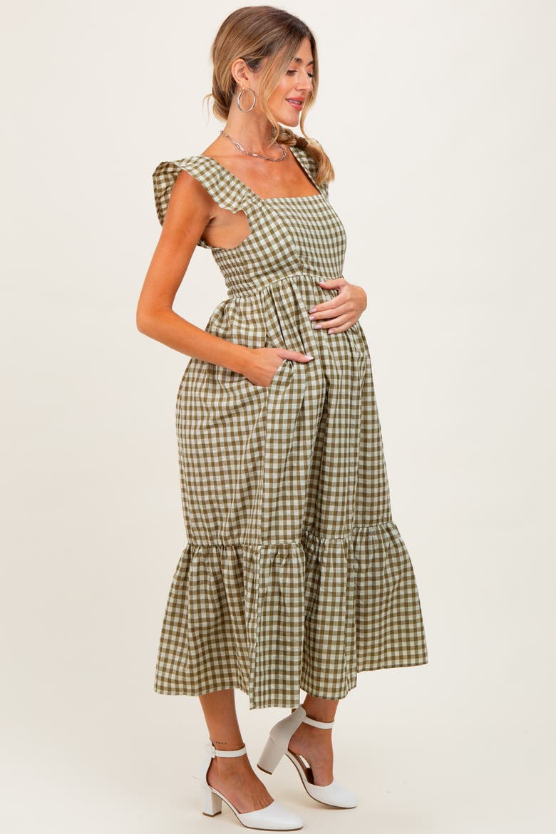 Gingham Ruffle Strap Midi Dress, Alternate, color, Olive Green