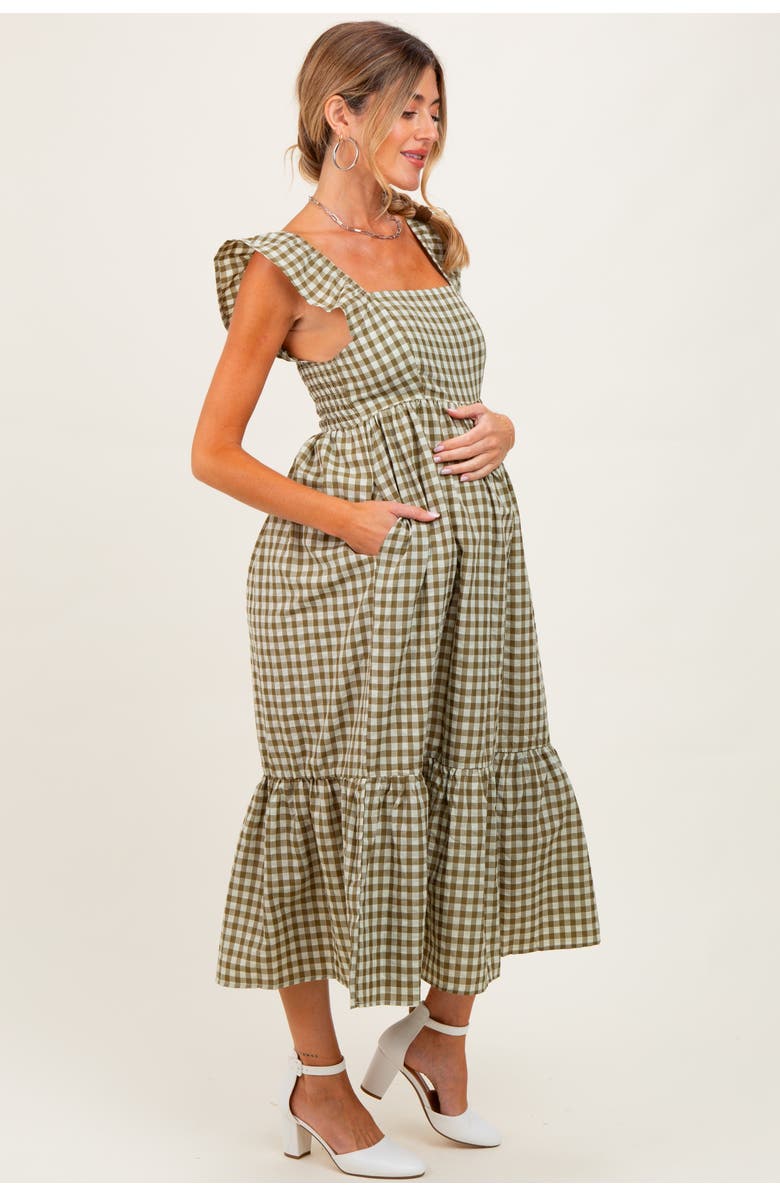 PinkBlush Gingham Ruffle Strap Midi Dress, Alternate, color, Olive Green