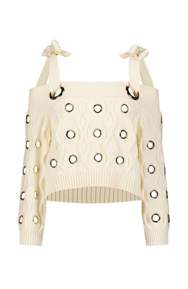Mac Duggal Off The Shoulder Grommet Cropped Knit Sweater, Alternate, color, Cream