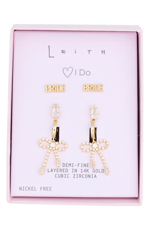 Leith Set Of 3 Demi Fine Cubic Zirconia Bride Stud & Bow Drop Earrings In Clear- Gold