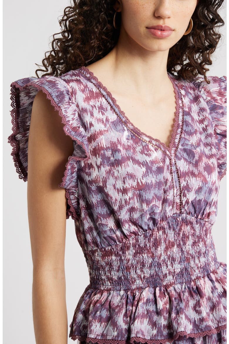 Floral Flutter Sleeve Peplum Dress, Alternate, color, PINK- BLUE DAISY TAPESTRY