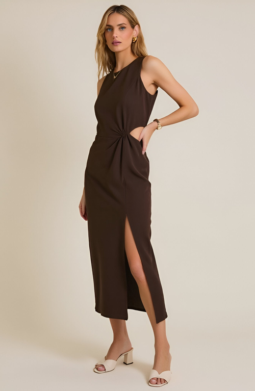 Modenaire Sleeveless Side Twist Front Slit Midi Dress In Brown