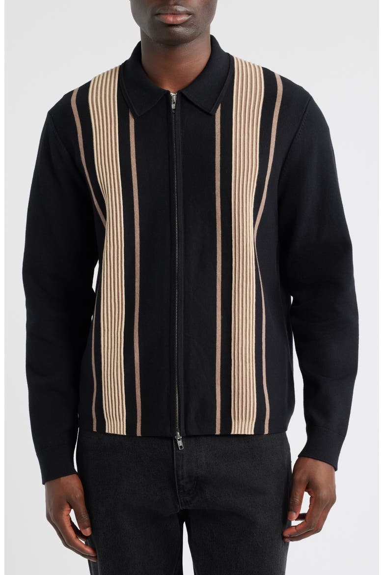Lennox Stripe Cotton & Cashmere Zip-Up Shirt, Alternate, color, BLACK / BEIGE