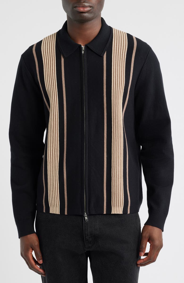 Wax London Lennox Stripe Cotton & Cashmere Zip-Up Shirt, Alternate, color, Black / Beige