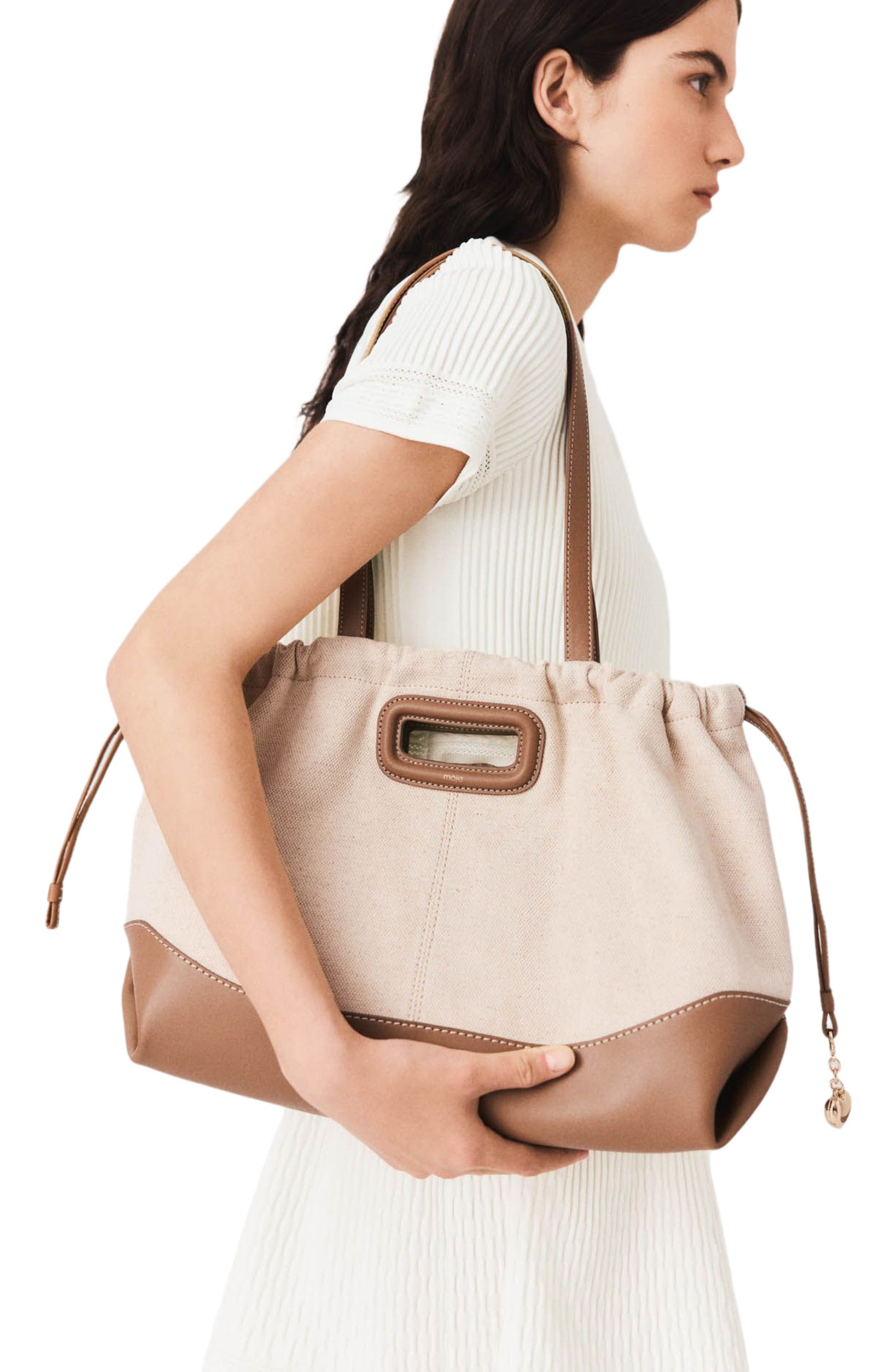 maje Milpli canvas and leather tote bag, Alternate, color, Moka/White