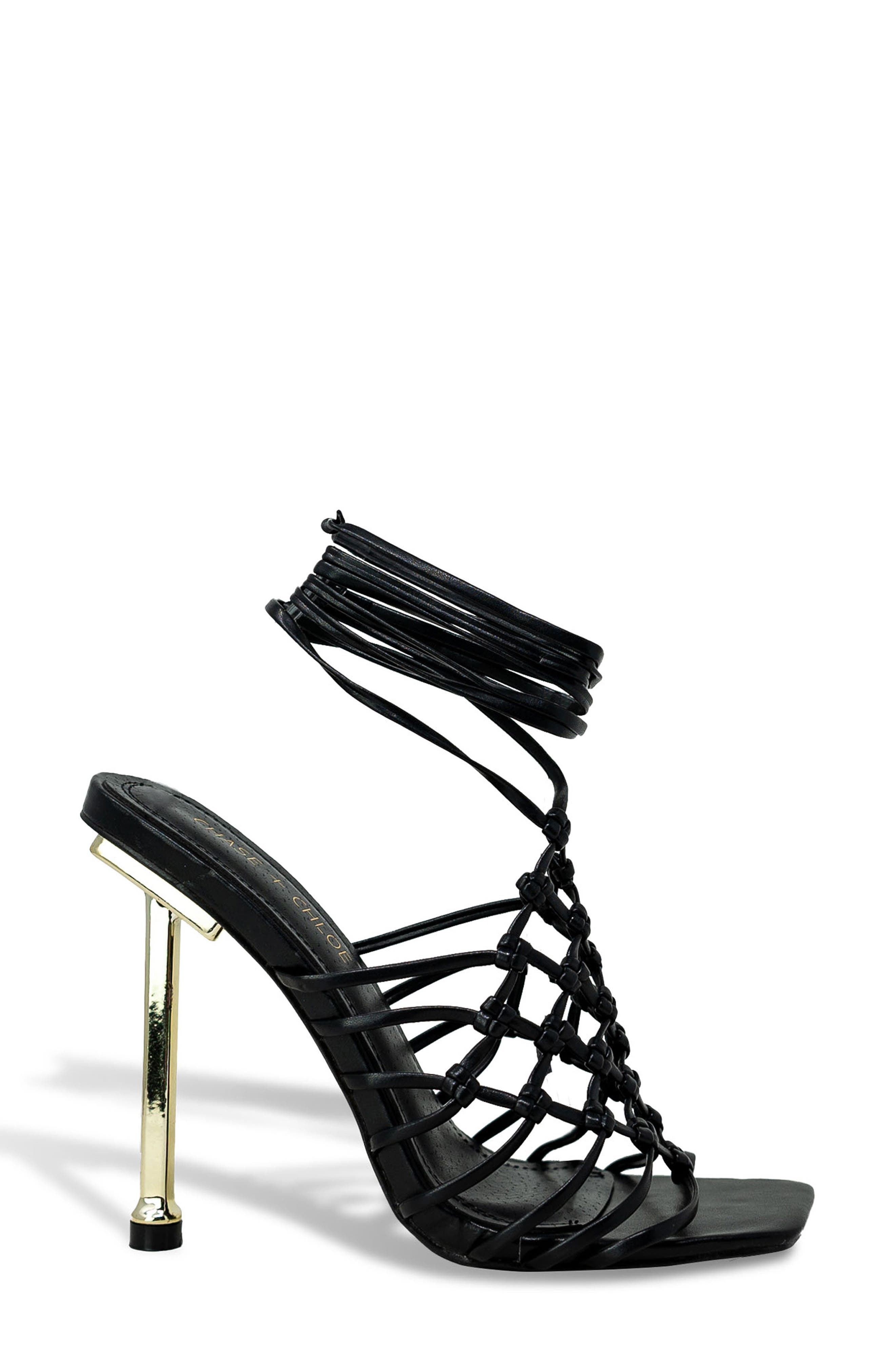 CHASE AND CHLOE Caged Ankle Tie Sandal, Alternate, color, Black Pu