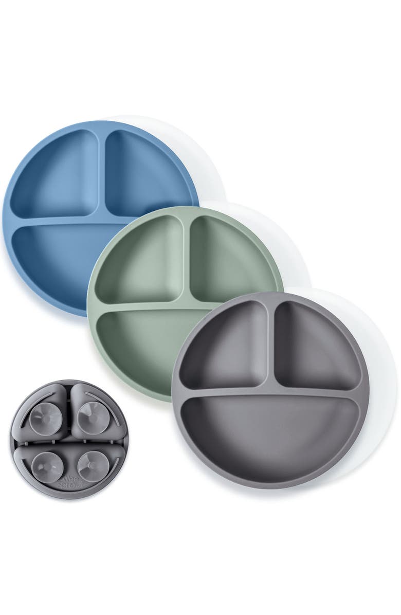WeeSprout Suction Plates for Babies & Toddlers, 100% Silicone, Dinnerware Stays Put, 3 Pack, Main, color, Matte Blue/Dark Gray/Green