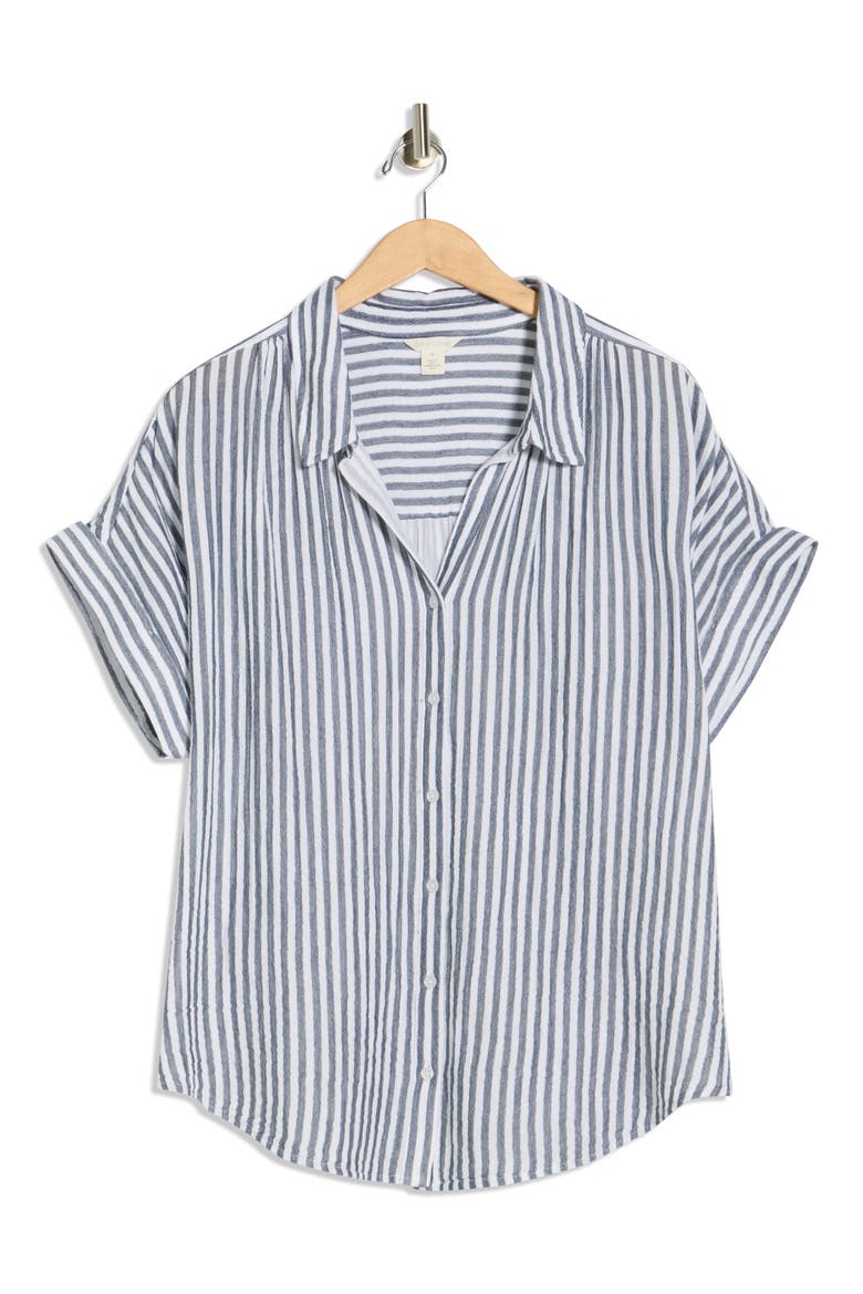 Stripe Short Sleeve Cotton Gauze Button-Up Shirt, Alternate, color, NAVY STILL- WHITE STRIPE