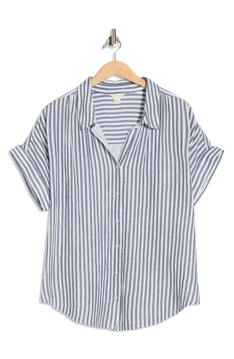 Caslon<sup>®</sup> Stripe Short Sleeve Cotton Gauze Button-Up Shirt, Alternate, color, 