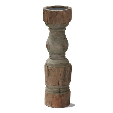 Rustic Turned Pillar Candle Holder Antique Brown Wood Stand