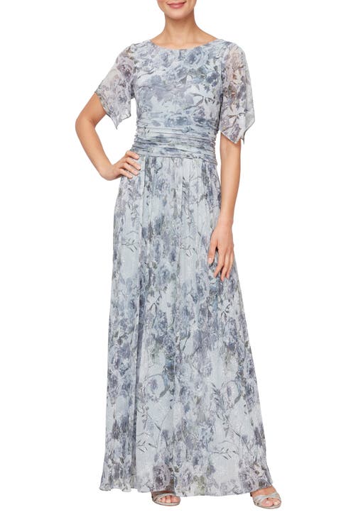 Floral Metallic Chiffon Cocktail Dress