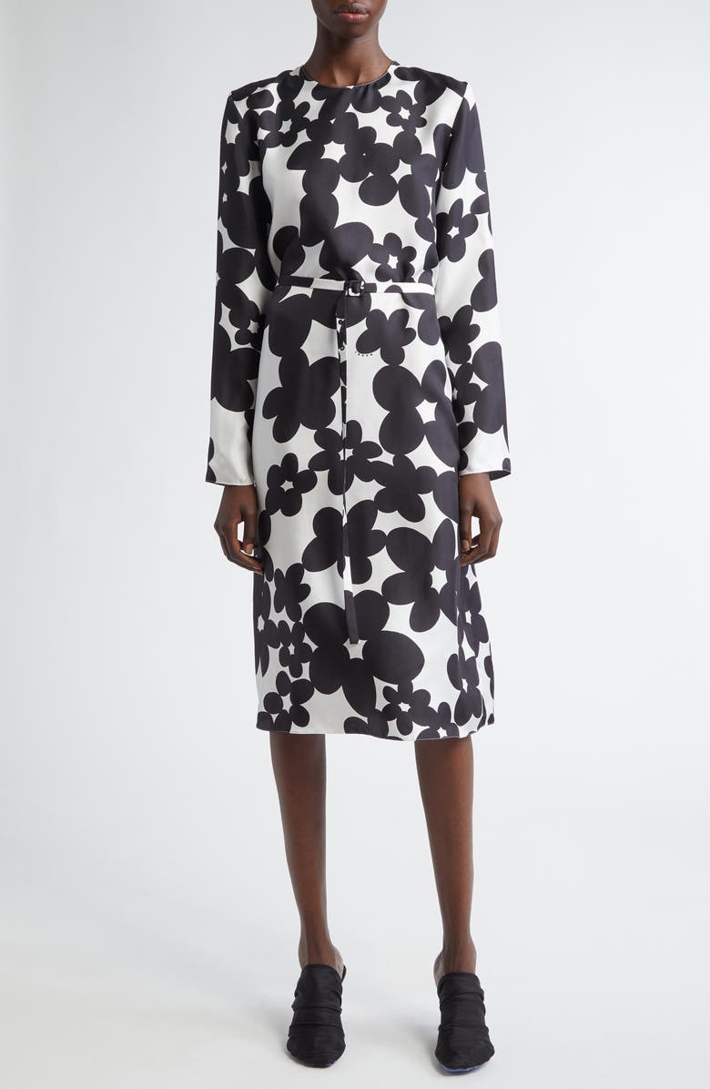Marni Dililes Floral Long Sleeve Belted Silk Twill Midi Dress, Main, color, 