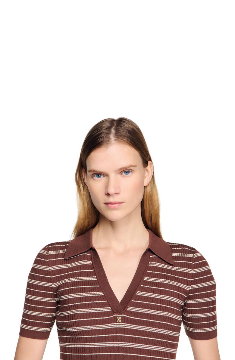 SANDRO Striped V-neck polo sweater, Alternate, color, Brown