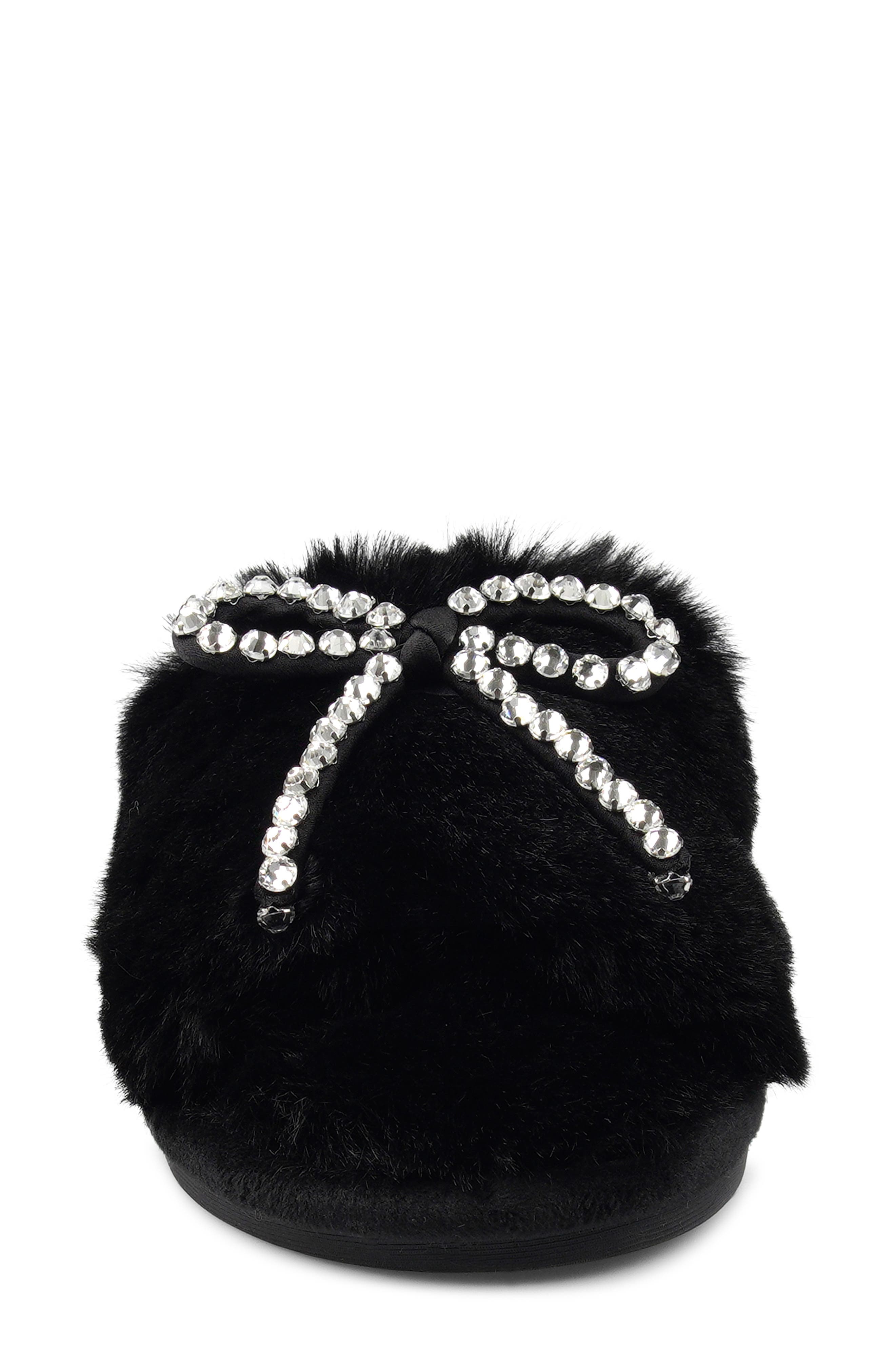 Candie's Franney Bow Embellished Faux Fur Slipper, Alternate, color, Black