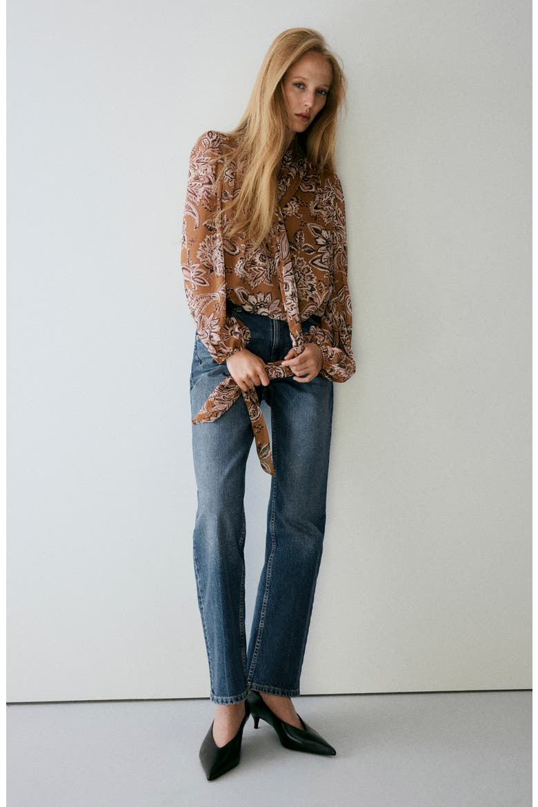 Floral Print Tie Neck Top, Alternate, color, BROWN