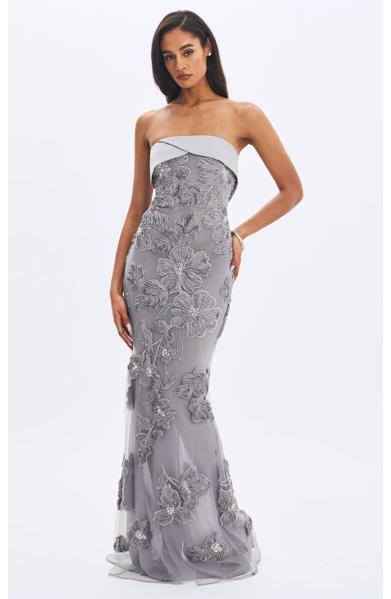 Miss Circle Raphaela Beaded Floral Strapless Mermaid Maxi Dress, Alternate, color, Silver