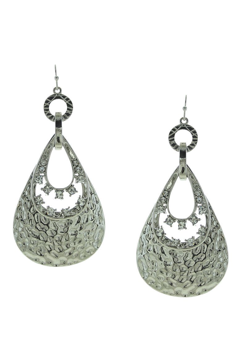 Silver Plated Hammered Metal & Rhinestone Drop Earrings, Main, color, SILVER / CRYSTAL