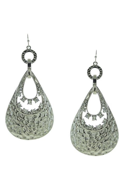 Silver Plated Hammered Metal & Rhinestone Drop Earrings