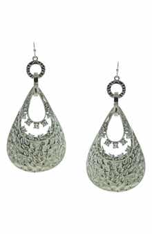 Silver Plated Hammered Metal & Rhinestone Drop Earrings