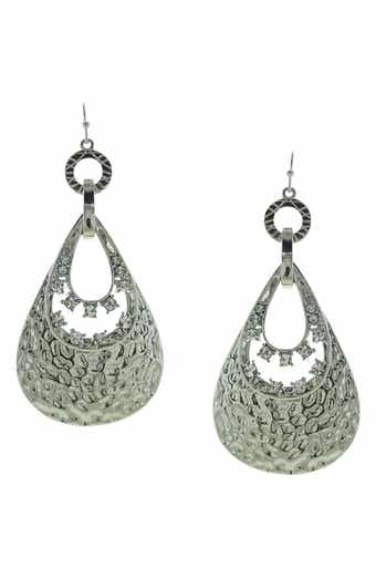 Silver Plated Hammered Metal & Rhinestone Drop Earrings
