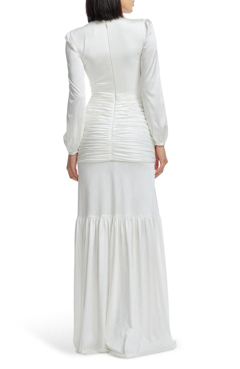 Dress the Population Lucille Pleated Ruched Long Sleeve Gown, Alternate, color, White