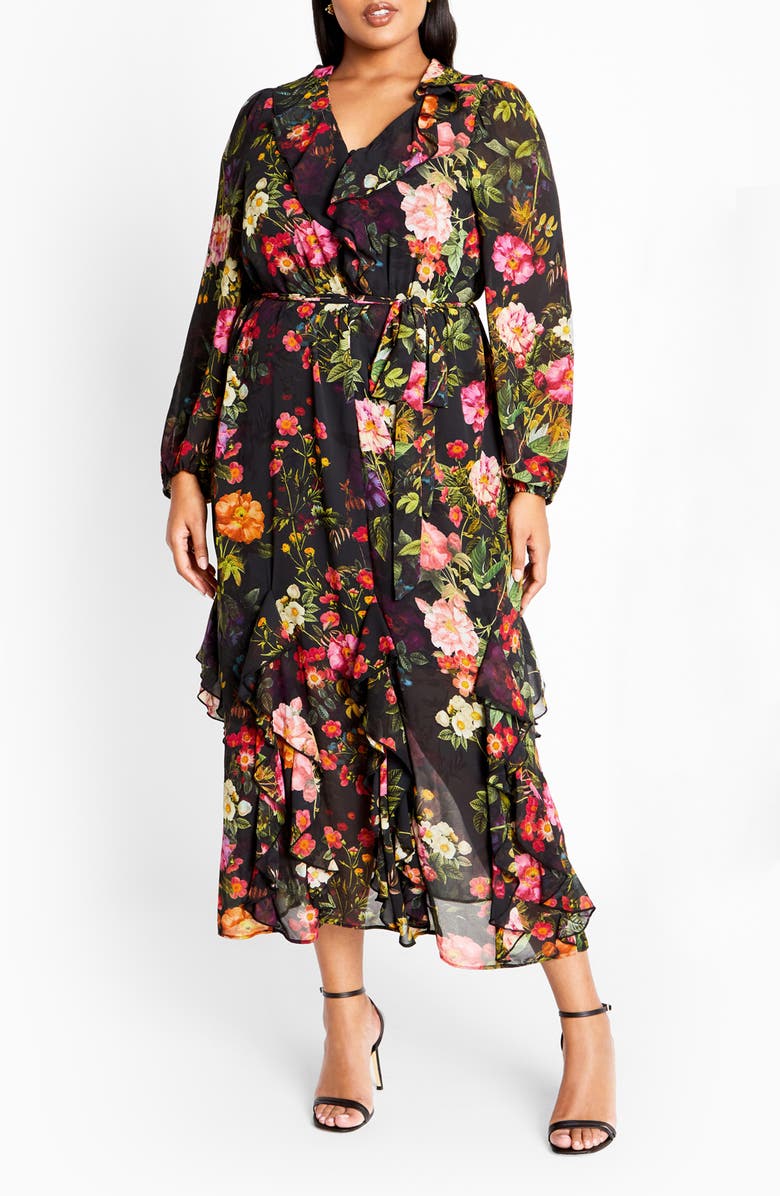 City Chic Macie Floral Tie Waist Maxi Dress, Main, color, Floral
