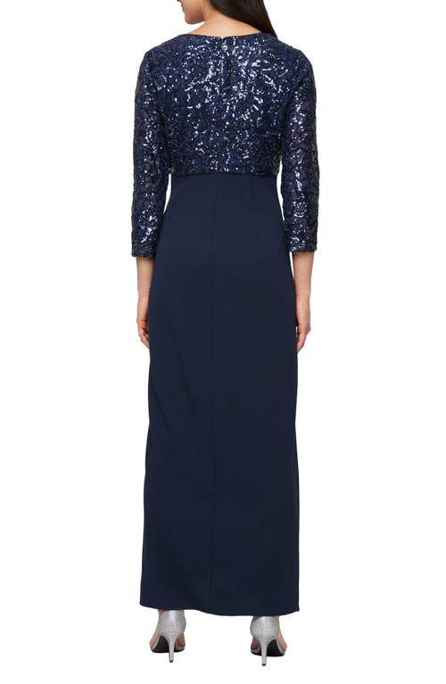 Sl Fashions Sequin Bodice Scuba Crepe Mixed Media Gown In Blue