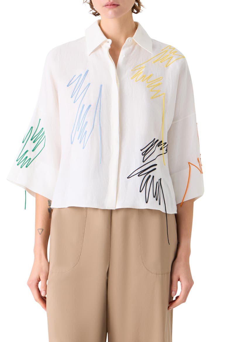 Scribble Embroidered Linen Button-Up Shirt, Main, color, CREAM-MULTI