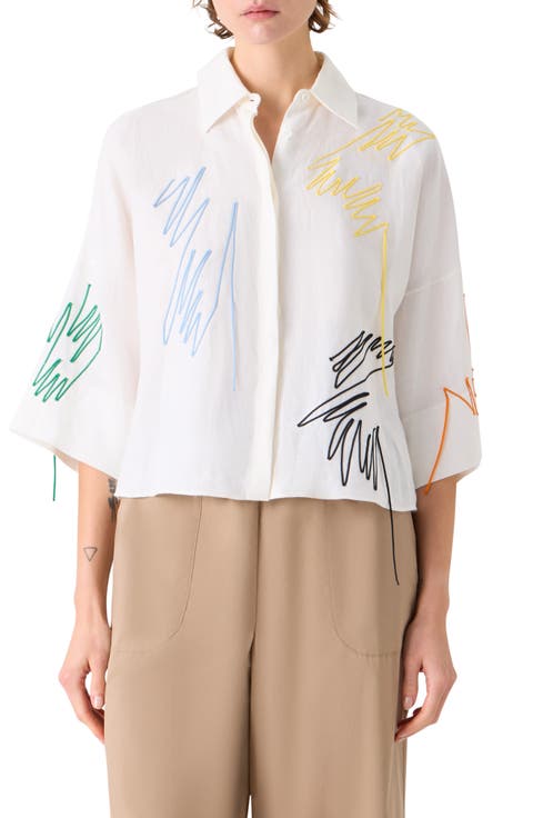 Scribble Embroidered Linen Button-Up Shirt